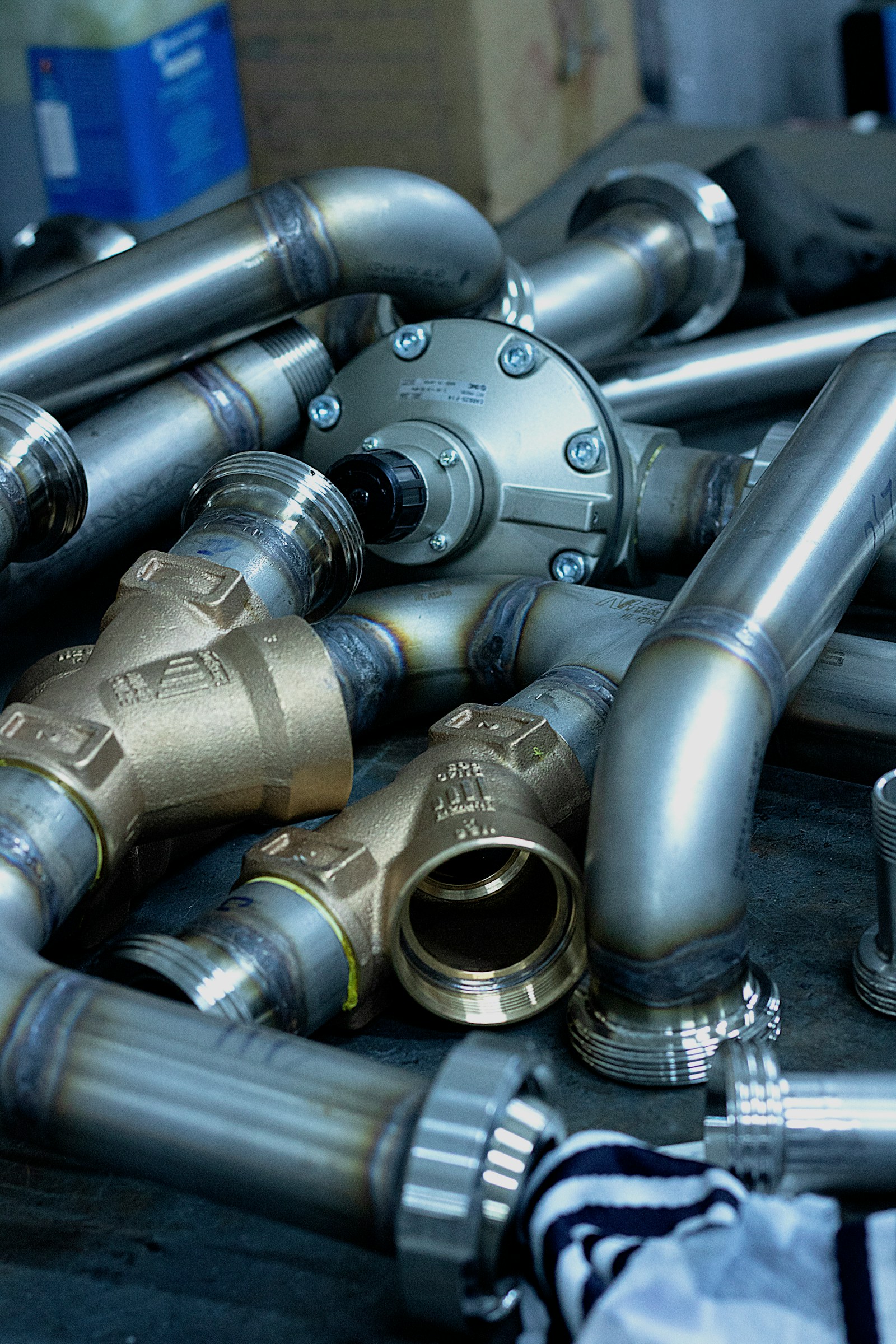 Assortment of copper and brass pipe fittings, elbows and couplings laid out on a workbench